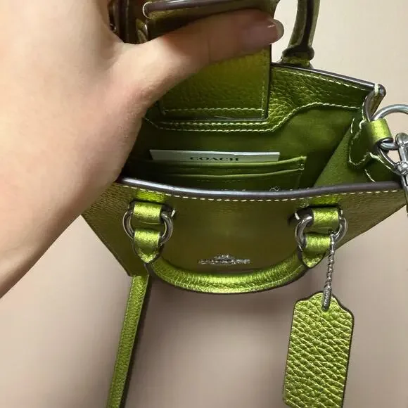 Coach North South Mini Tote Bag in a metallic neon green pebbled leather NWOT - Picture 8 of 8
